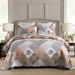 HoneiLife Quilt Set Queen Size - 3 Piece Microfiber Quilts Reversible Bedspreads Patchwork Coverlets Floral Bedding Set All Season Quilts,Mocha Rose-Queen/Full Size (Brown)