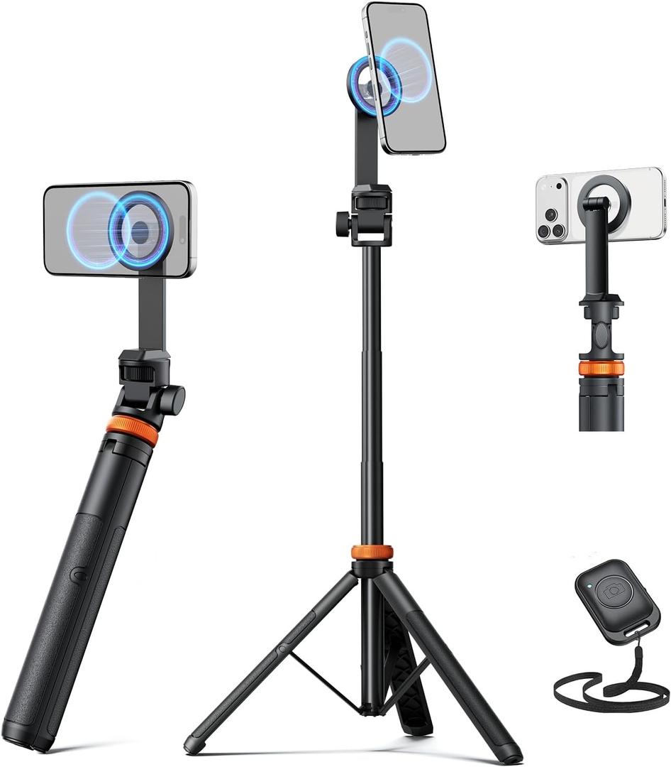 EUCOS 63" Magsafe Tripod, Tripod for iPhone & Magnetic Selfie Stick Tripod with Remote, Strong Magnetic Phone Holder for Magsafe, Extendable Phone Tripod Stand for iPhone/Android