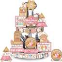 Youyole 30 Pcs Christmas Gingerbread Tiered Tray Decor Hot Cocoa Pink Christmas Wooden Sign Tabletop Centerpieces Tiered Tray Signs for Xmas Cafe Home Farmhouse Shelf Rustic Table Decoration