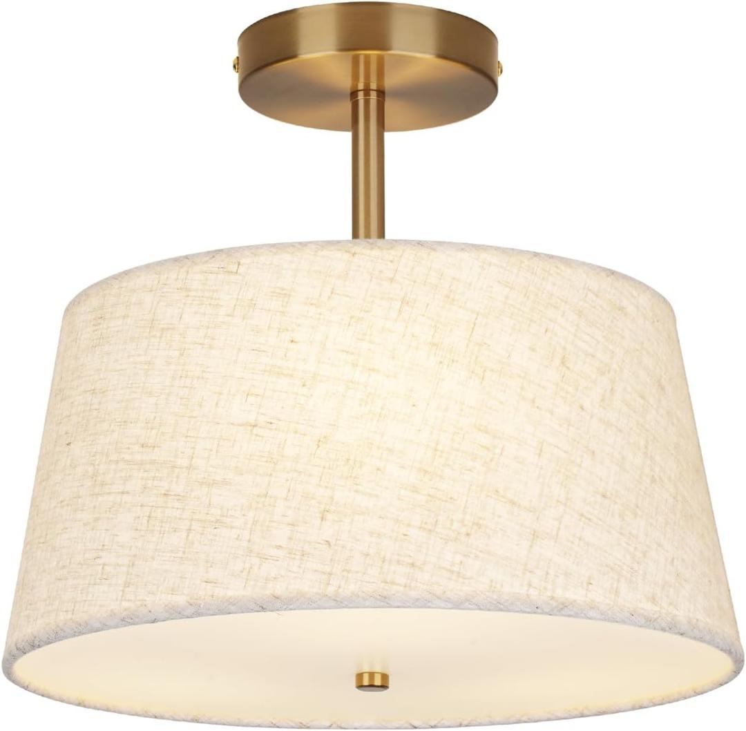 Cone-Shaped Semi Flush Mount Modern Ceiling Light Fixture, 3-Light Drum Lamp with Gold Brass Finish and Beige Fabric Shade for Bedroom, Kitchen, Dining Room, Hallway, Entryway, and Foyer