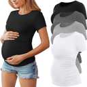 Huukeay 4 Pack Women's Maternity Shirts, Crew Neck Maternity Top Short Sleeve Casual Cotton Tee Side Ruched Pregnancy Clothes, Small