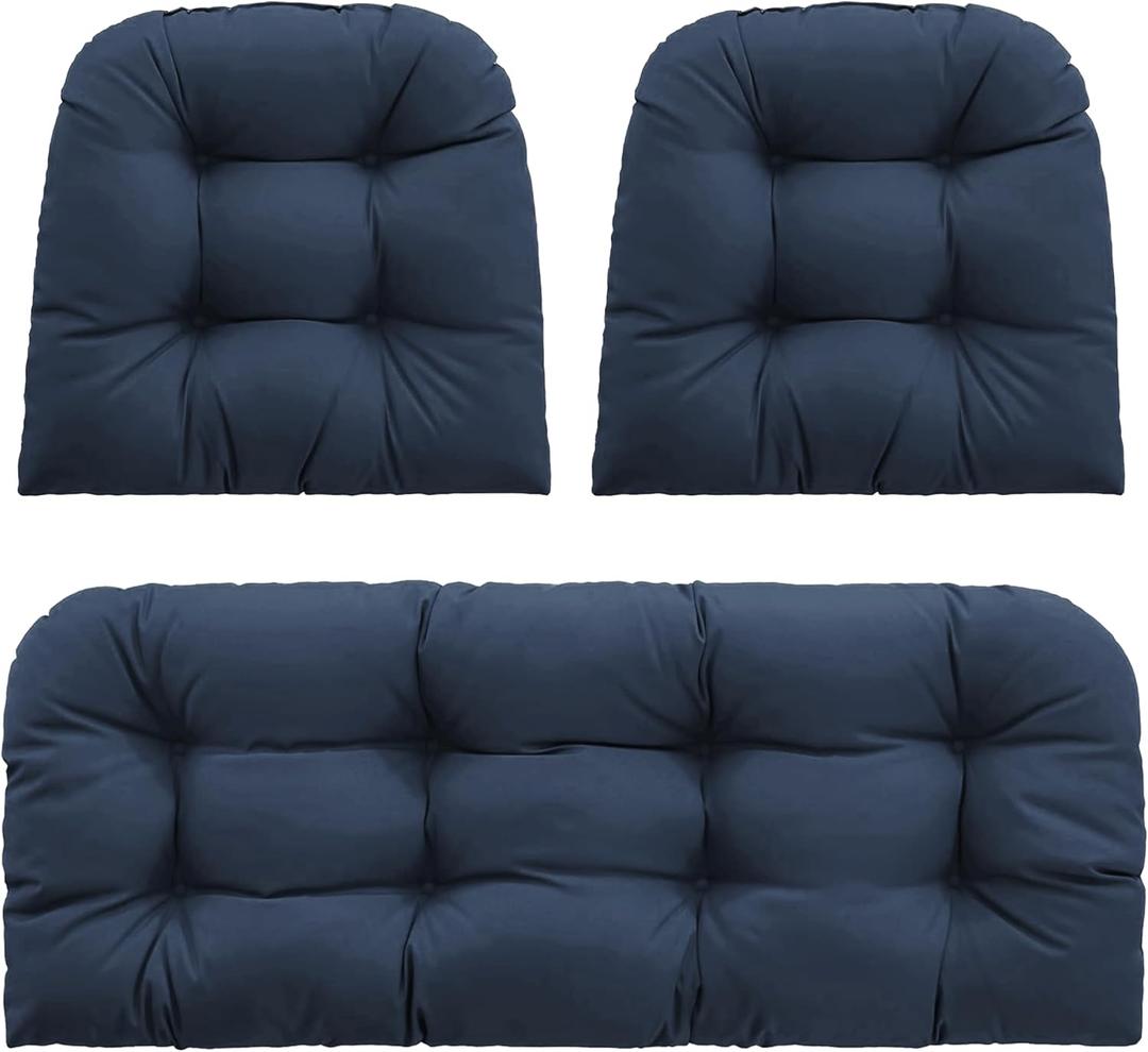 Outdoor Wicker Chair Cushions Set of 3, Waterproof Wicker Cushion for Patio Furniture, 1 Loveseat Cushion 44224 inch and 2 U-Shaped Cushion 22224 inch, Dark Blue