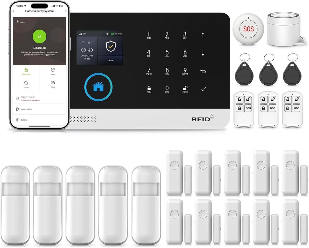 WiFi Wireless Alarm System for Home Security, GSM Home Alarm 24 Piece Kit with Siren, PIR Motion Sensors, Remote Controls, Window/Door Sensors (Tuya and Smart Life APP)