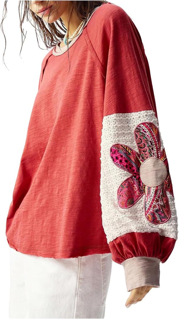 Women's Oversized Sweatshirt Boho Tops Patchwork Crewneck Sweatshirt Floral Long Sleeve Pullover Tops (X-Large, Pink and White)