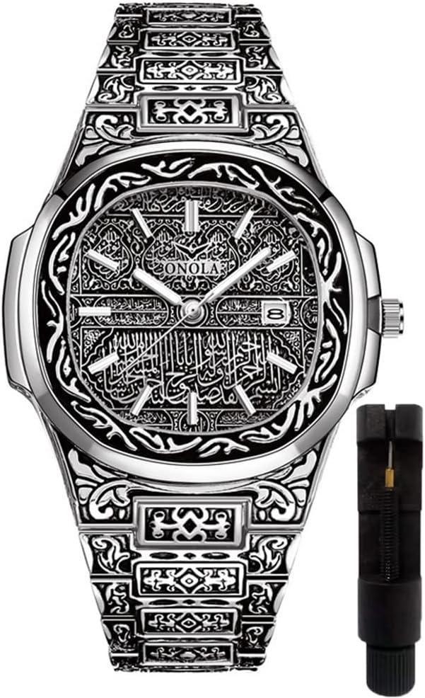 Retro Watches for Men Quartz Watches Tattoo Pattern Carved Stainless Steel Bracelet Waterproof Wrist Watch (Silver)