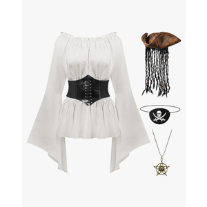 JenPen 5 Pcs Women Pirate Costume Renaissance Tops Corset Belt Pirate Hat Necklace Eye Patch for Medieval Halloween Cosplay M