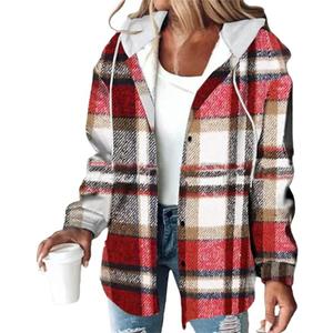 Womens Lightweight Casual Jacket Plaid Long Sleeve Shacket Fleece Lined Hooded Jackets Warm Coat, Red XL