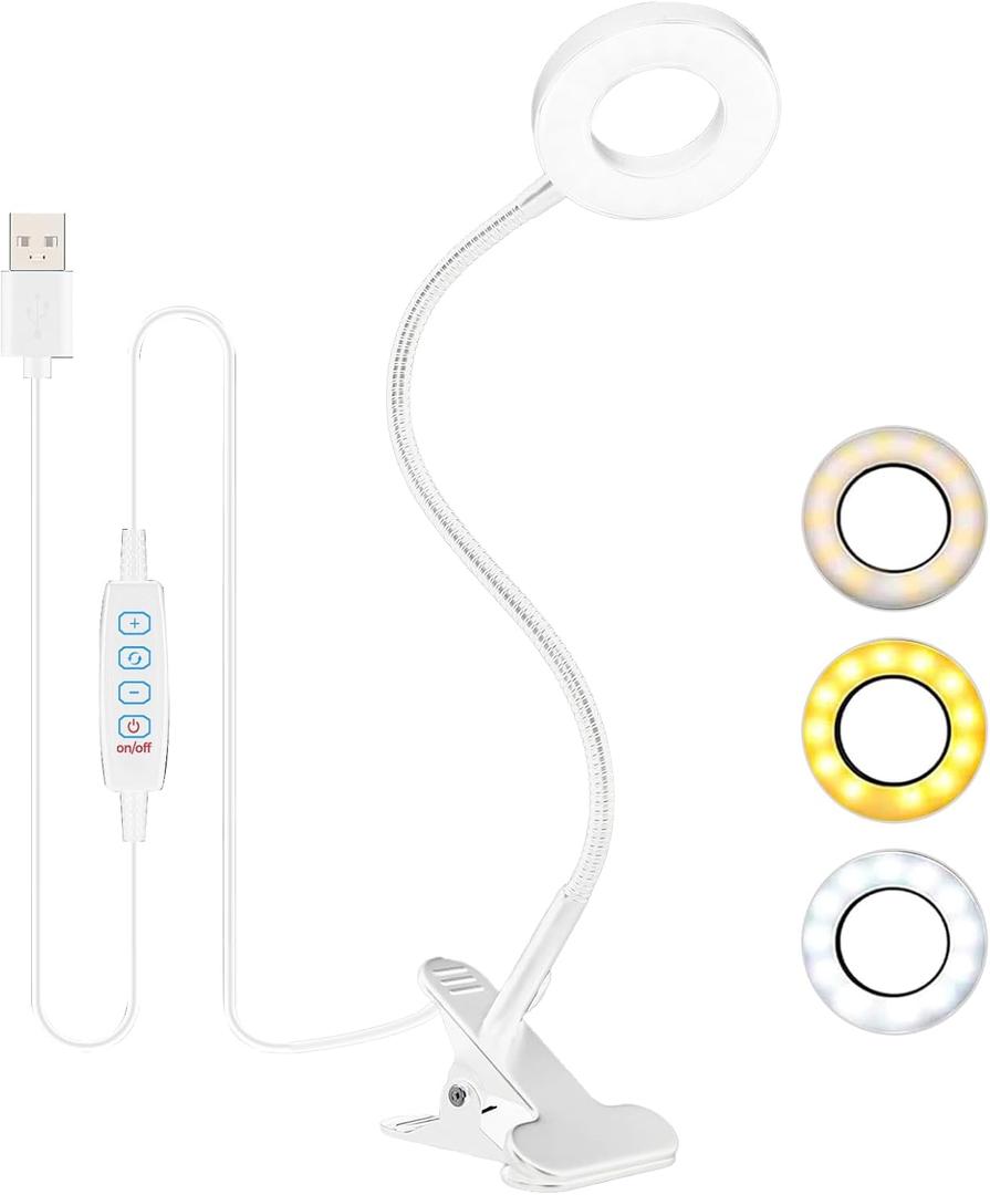 HIYAA Desk Lamp Clip On Clamp Light & 3 Light Mode 10 Dimmable Brightness Eye Caring Book Adjustable for Reading Studying Working Video Conference Lighting - White