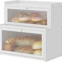 Double Layer Bamboo Bread Box for Kitchen Counter,Bread Holder,Countertop Bread Storage with Window (White)