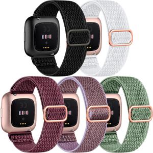 DaQin Elastic Sport Nylon Band Compatible with Fitbit Versa 2 Watch Bands Women Men, 5 Pack Adjustable Stretchy Solo Loop Wristband for Versa/Versa Lite/SE/Fitbit Versa 2 Bands Women of Smartwatch