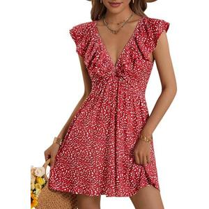 Loemes Women Summer Cute Floral Deep V Neck Mini Dress Casual Ruffle Sleeveless High Waist Swing Beach Sundress with Pockets Size S