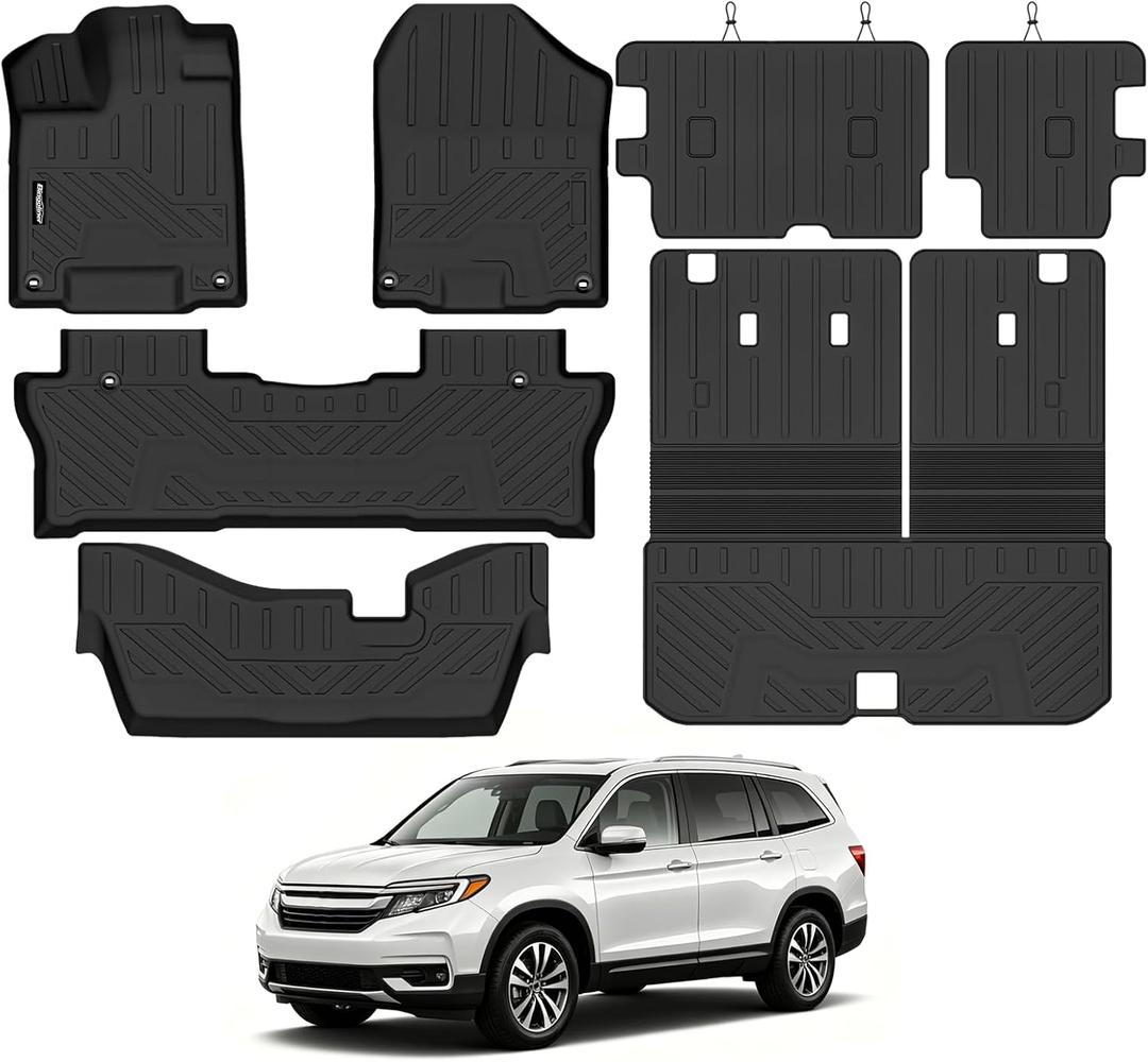 Floor Mats for Honda Pilot 2016-2022 8 Seats/Bench Seats(No Elite Models), Trunk Mat with Backrest Mat and 2nd Row Backrest Mat All Weather TPE Protector for Honda Pilot Accessories