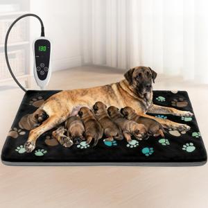 Extra Large Dog Heating Pad 47.0"L x 30.0"W x 0.5"Th in with Smart Thermostat Switch and Power Line Protection Tube,Obtained MET and UL Dual Certification,Waterproof Pet Heating Pad for Dogs-Black Paw Print
