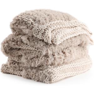 YnM Ultra Soft Fuzzy Throw Blanket, Hand Knit with Faux Rabbit Fur and Cotton Chunky Yarn, Reversible Thick Fluffy Throws, Home Décor Piece for Couch, Sofa & Bed, Oatmeal 60x80 Inch