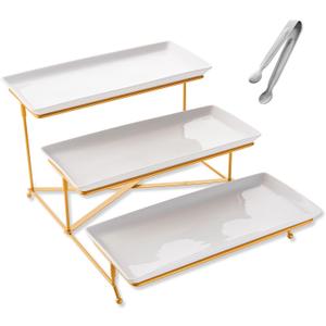 YOLIFE 3 Tier Serving Tray for Party, Display Fruit Dessert Tiered Tray Stand, 14 x 6.1" White Porcelain Platters with Collapsible Sturdier Gold Iron Rack