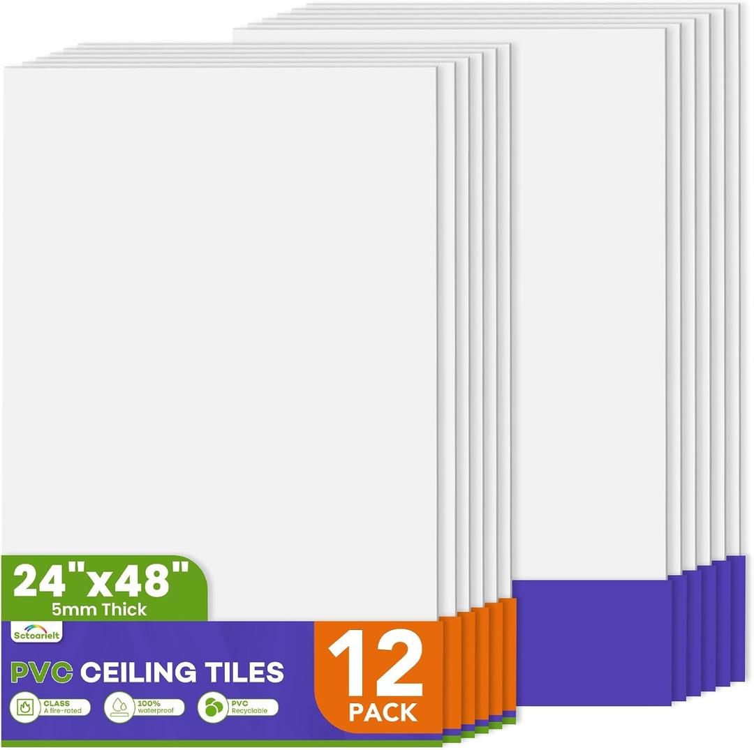 12Pcs 2ft x 4ft PVC Drop Ceiling Tiles, White Smooth Ceiling Panels 24x48in, Moisture Proof Fire-Rated Easy to Clean Reusable, No Sag No Breakage, 24in*48in