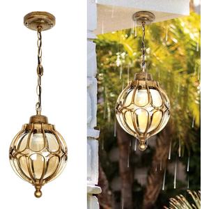 Outdoor Pendant Light Fixtures For Porch, Waterproof Exterior Lantern Glass Vintage Hanging Ceiling Light Retro Aluminum Outside Chandelier For Porch Patio Entryway Farmhouse (27cm/10.6",Gold)