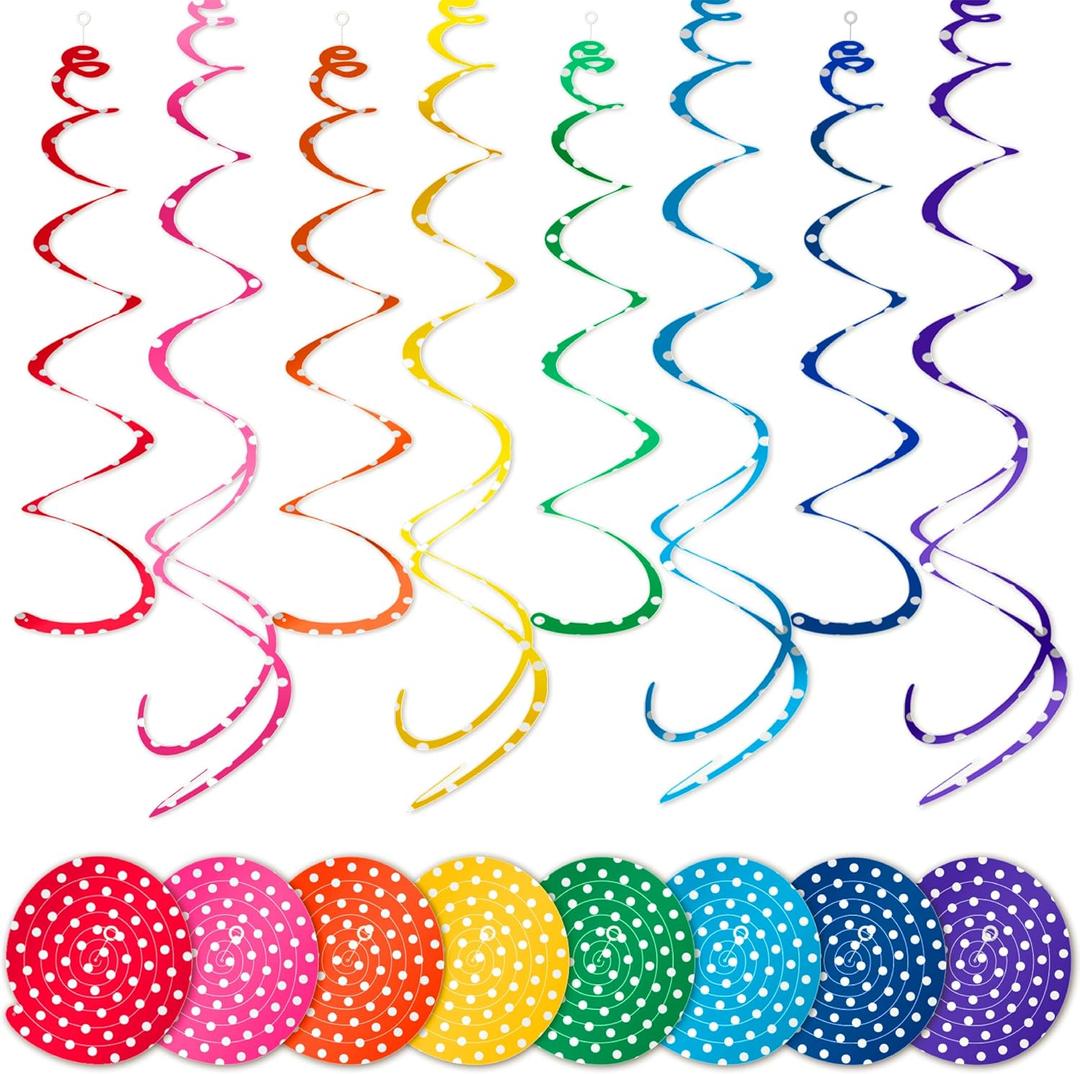 HonuGoGo 48-Piece Paper Swirl Decorations for Ceiling, Bright Polka Dot Multi-Color Single & Double Spiral Hanging Decor with Playful Style for Birthday Parties, Carnival & Classroom Celebrations