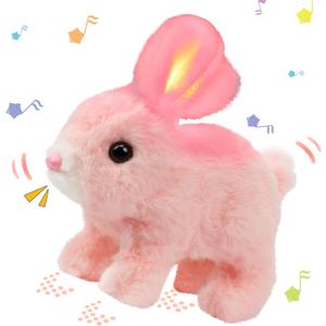 Hopearl Hopping Rabbit with LED Ears Interactive Electronic Pet Plush Bunny Toy with Sounds and Movements Animated Walking Wiggle Light up Ears Twitch Nose Gifts for Toddlers Birthday, Pink, 7''