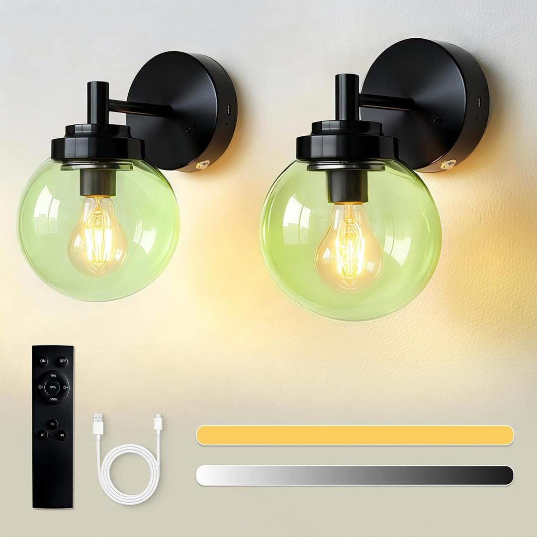 Set of 2 Rechargeable Wall Sconces with Remote, Dimmable Cordless Battery Operated Lights, Modern Black Wall Lamp with Green Glass Globe Shade