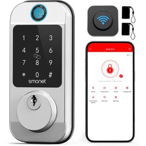 Smart WiFi Door Lock Deadbolt: SMONET Keyless Enrty Front Door Alexa Fingerprint Keypad Deadbolt Biometric Digital Electric Touchcreen Bluetooth APP Gateway Remote Control for House, Satin Nickel