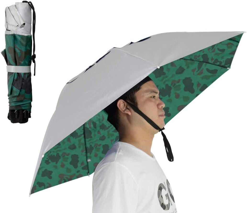 NEW-Vi Fishing Umbrella Hat Folding Adjustable Sun Rain Cap, 37.4Oversize Hands Free Umbrellas, 7-Ribs Anti-UV Waterproof Headwear for Fishing Gardening Golf Sunshade Outdoor (Silver/Camouflage with wind vent 2PC)