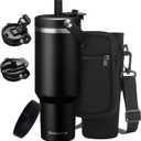 40 oz Tumbler with Handle and Straw- Cold-36h & Hot-12h, Insulated Mug Coffee Tumbler with Straw & Flip Lid, Silicone Protective Boot, Storage Carrier Pouch With Strap, Stainless Steel Water Bottle (Black)