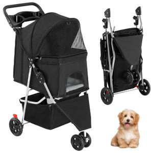 3 Wheel Pet Stroller for Dogs and Cats, Foldable, Lightweight and Durable, Ideal for Small to Medium Pets, Includes Storage Basket and Cup Holders, Black
