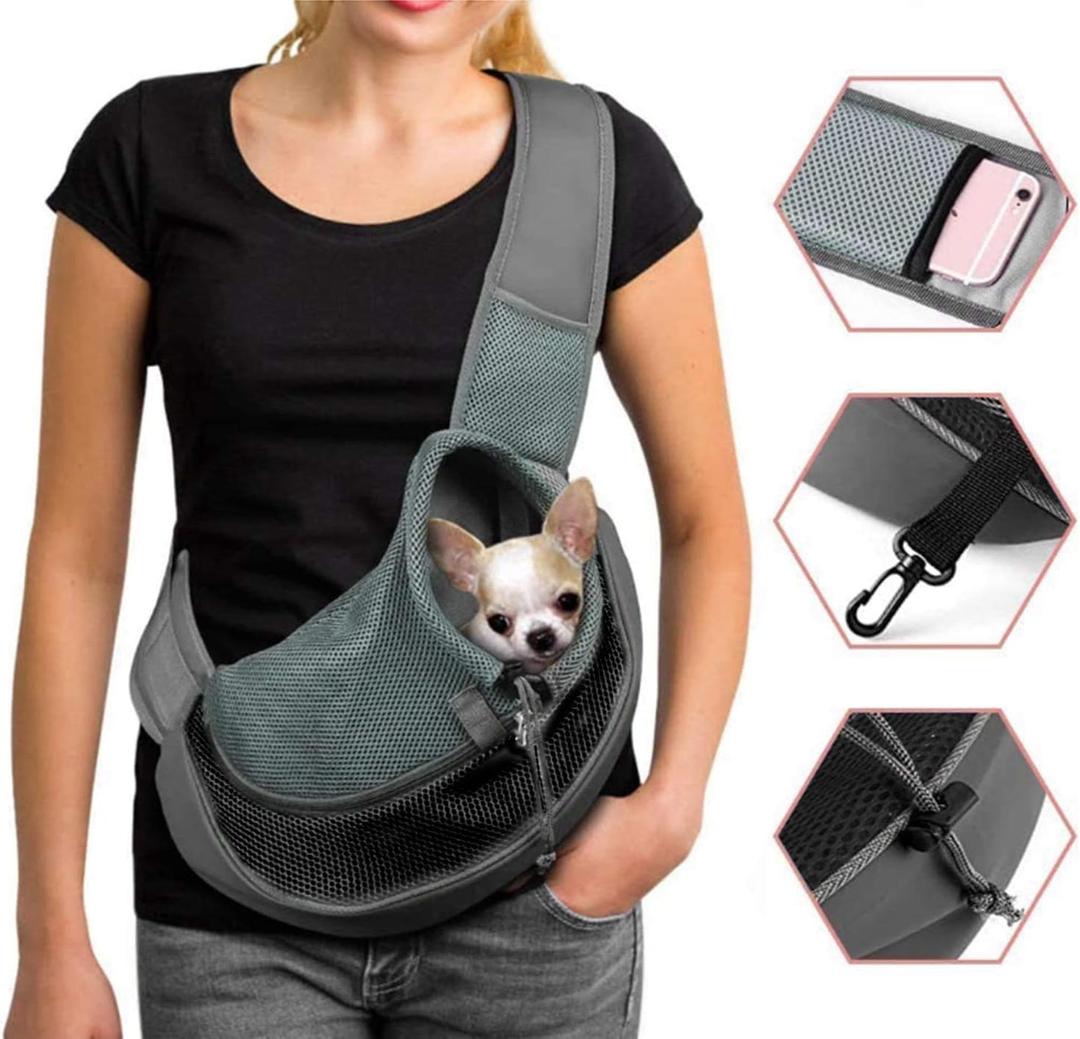Dog Pet Sling Carrier Puppy Cat Sling Mesh Carrying Bag Adjustable Strap Breathble Small Dog Cat Satchel Carrier Hand Free Safe Front Backpack Soft Foldable Pet Purse Pouch Travel Outdoor (Black)