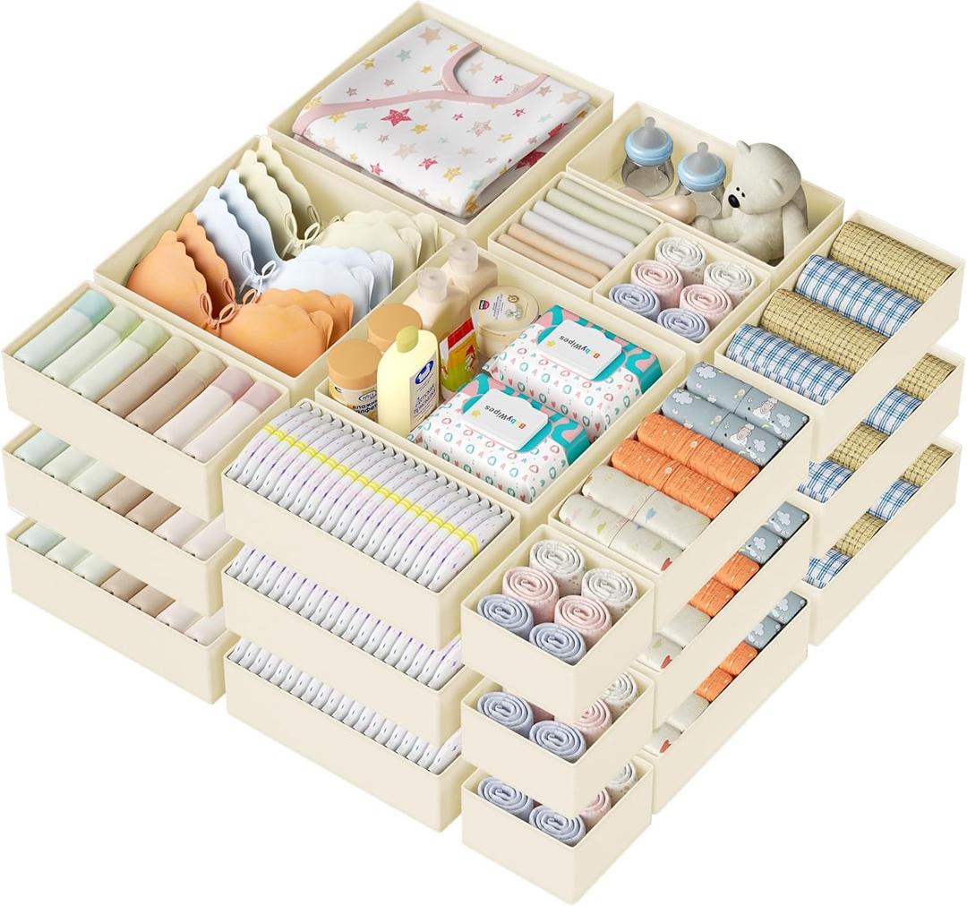 DIMJ Drawer Organizer Clothes Storage - 18 Pack Baby Dresser Organizer for Nursery, Foldable Closet Drawer Organizer Bins for Bedroom Organization, Fabric Storage Dividers for Socks, Underwears, Bras (Beige)