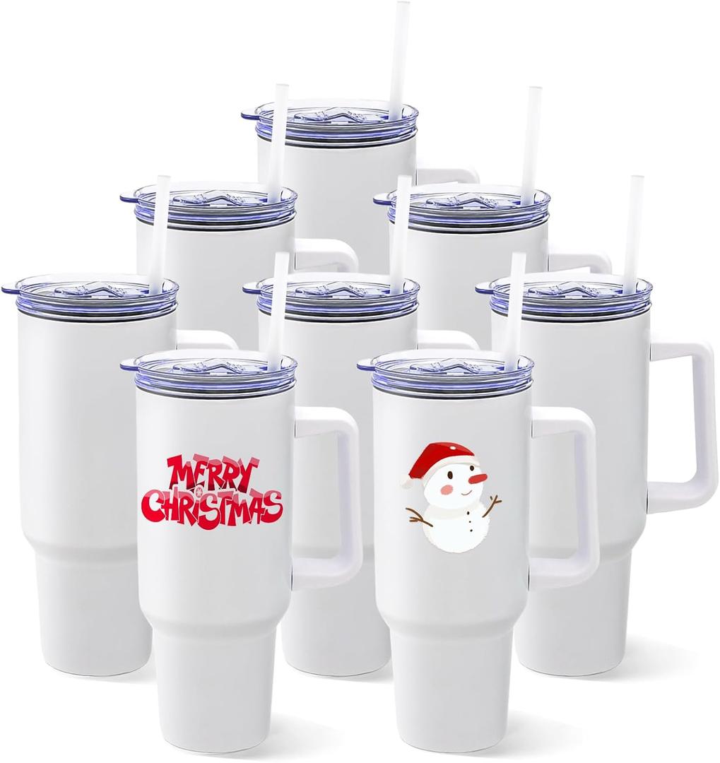 8 Pack Sublimation Tumblers 40oz with Handle Blanks Stainless Steel Insulated Large Tumbler Bulk Coffee Travel Cups for Tumbler Heat Press Sublimation Oven Printing, White