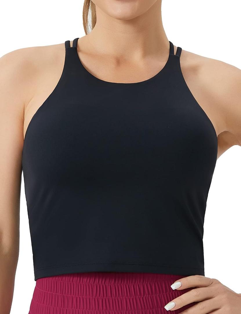 THE GYM PEOPLE Women's Cross Back Sports Bra Halter Neck Workout Crop Tank Tops with Removable Pads (Black, S)