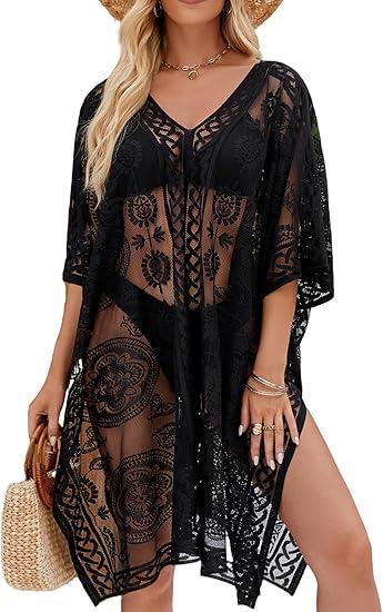 Sexy Elegant Lace Beach Cover Up for Women, Bathing Suit Cover Up, V-Neck Swimsuit Coverup for Poolside, Seaside and Party, Black Color, One Size