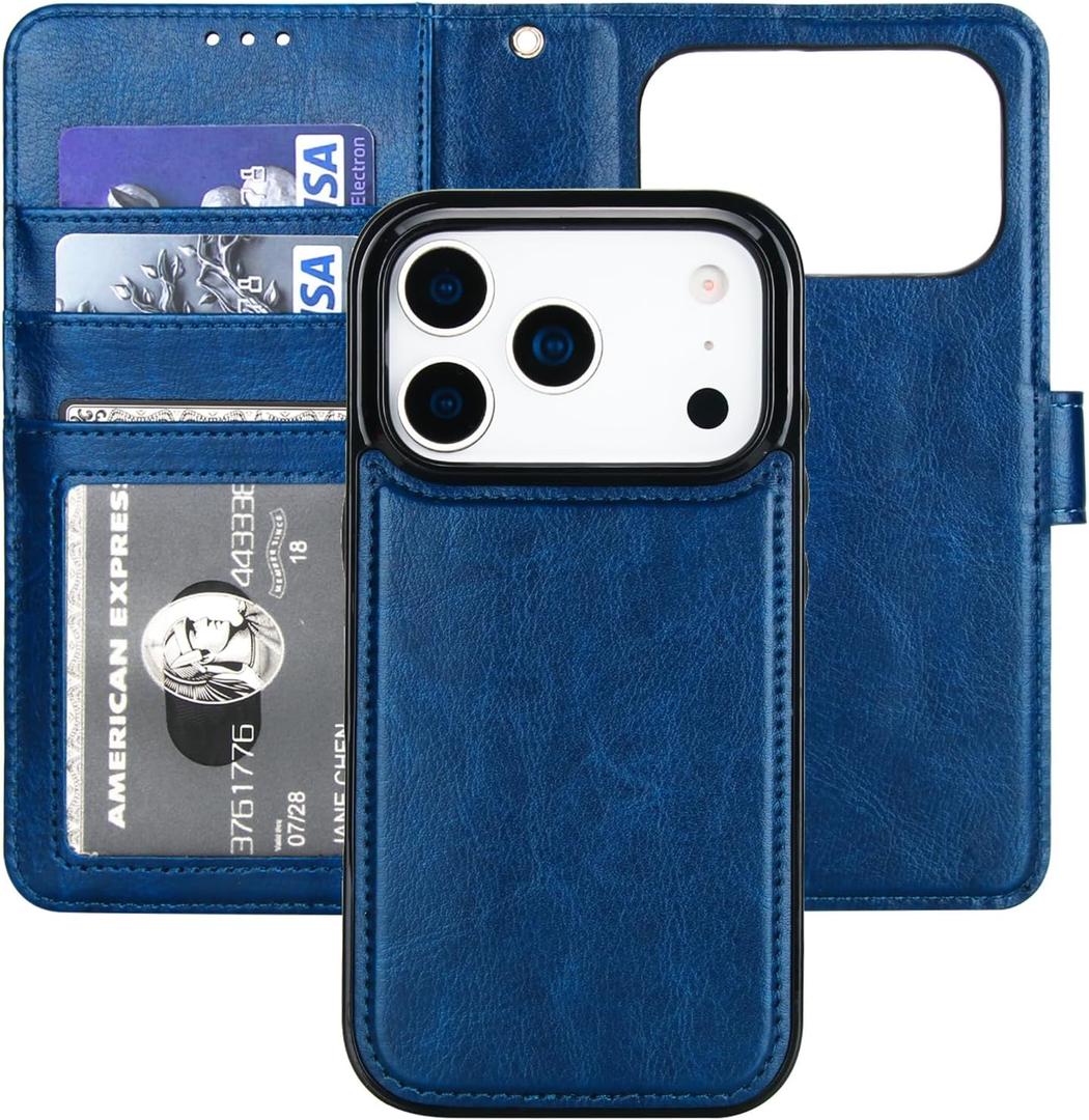 Bocasal Detachable Wallet Case for iPhone 17 Pro RFID Blocking Card Slots Holder Premium PU Leather Magnetic Kickstand Shockproof Wrist Strap Removable Flip Protective Cover 5G 6.3 inch (Blue)