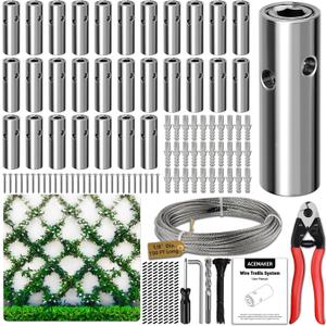 Wire Trellis for Climbing Plants Outdoor, 30-Set Wall Wire Trellis Kit with 1/8in x 150ft Stainless Steel Cable & Cutter, T316 Cylindrical Espalier System for Fence and Garden DIY Projects