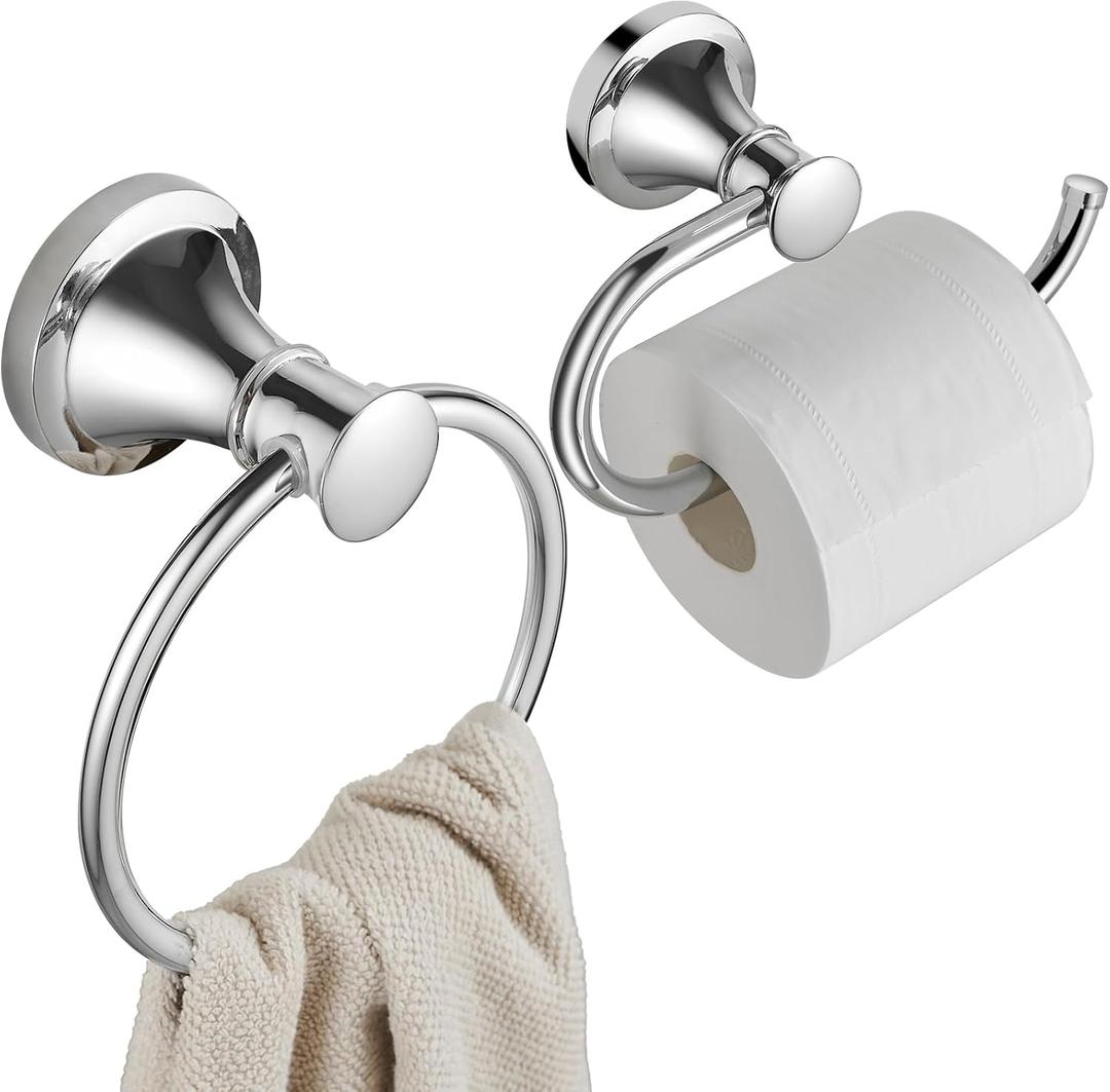 Hoimpro Polished Chrome Towel Ring Toilet Paper Holder Set, 2 PCS Wall Mounted Bathroom Hardware Fixture Toilet Roll Tissue Holder, Hand Towel Bar Towel Rack Bathroom Accessories Set