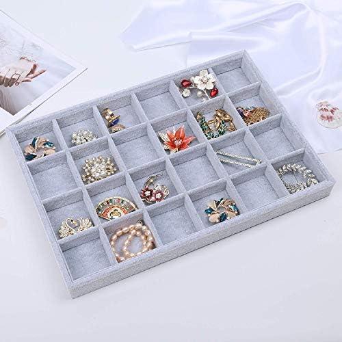 STYLIFING Jewelry Organizer Tray 24 Grids, Jewelry Display Case Stackable Velvet Jewelry Tray Ring Earring Necklace Storage Holder for Women, Grey