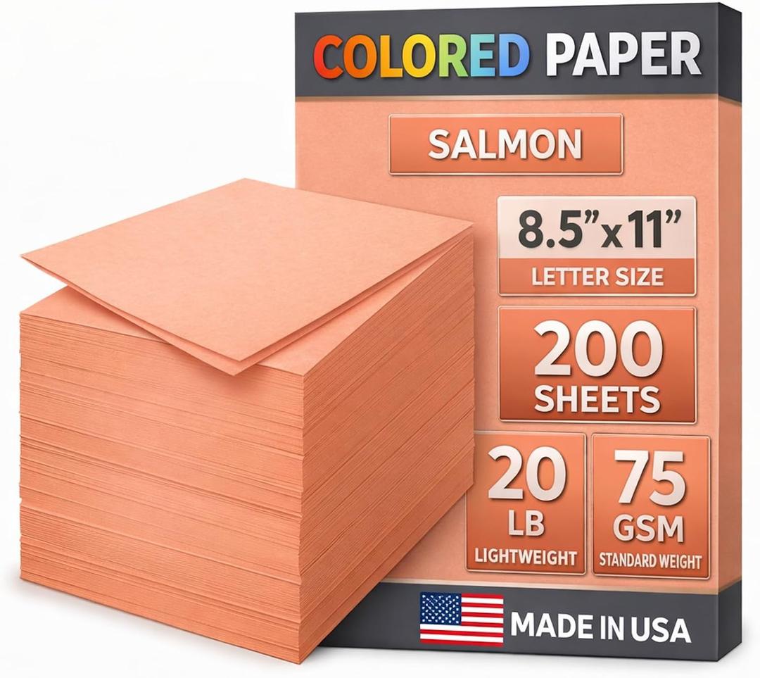 Woodlake Salmon Colored Paper 8.5 x 11 Letter Size, 20 lb 75 GSM Multi-Purpose Printer Paper, 200 Sheets, Jam-Free Copy Paper for Inkjet and Laser Printers, Made in USA