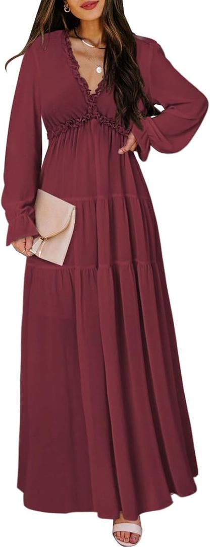 BLENCOT Womens Casual V Neck Long Sleeve Long Evening Dress Cocktail Party Maxi Wedding Dresses Solid Color Wine Red X-Large