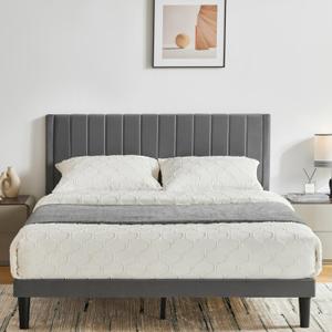 Queen Size Platform Bed Frame with Velvet Upholstered Headboard