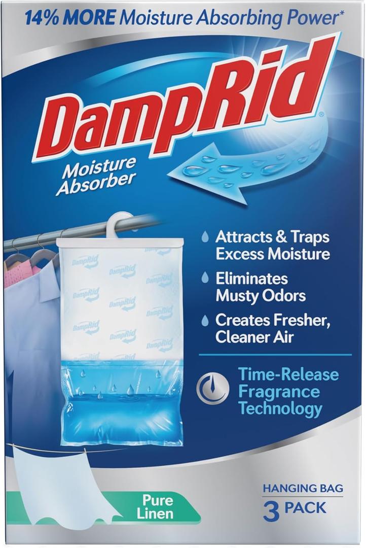 DampRid Pure Linen Hanging Moisture Absorber, 16 oz., 3 Count (Pack of 1) - Eliminates Musty Odors for Fresher, Cleaner Air, Ideal for Closet, 14% More Moisture Absorbing Power* DampRid Pure Linen Hanging Moisture Absorber, 16 oz., 3 Count (Pack of 1) - Eliminates Musty Odors for Fresher, Cleaner Air, Ideal for Closet, 14% More Moisture Absorbing Power*