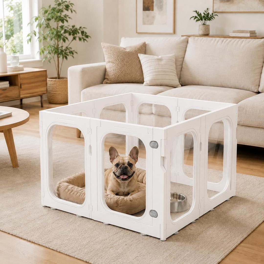 Acrylic Dog Playpen, 8-Panel Clear Transparent Puppy Playpen for Small Dogs Indoor Outdoor, Easy Assembly Foldable Pet Exercise Pen with Locking Door (White, 25.6 INCH, 8 Panels)