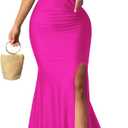 A ADILACA Off Shoulder High Split Dresses, Off Shoulder Dresses for Woman 2025, Maxi Dress for Woman Semi Formal, V Neck High Slit Maxi Dress (Hot Pink, L)
