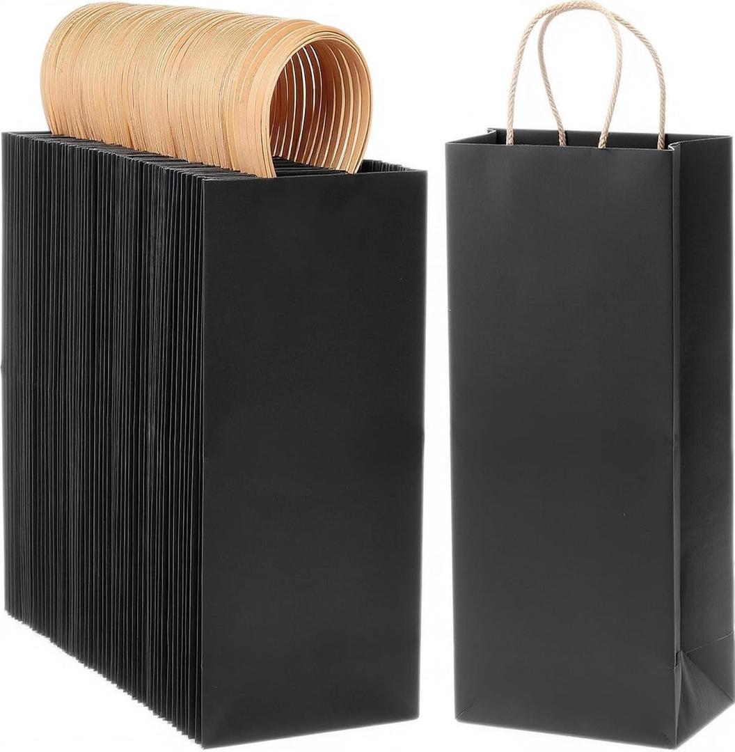 excvalues Kraft Paper Bags 5.6"x3.4"x13" 100Pcs Recyclable Bulk White Wine Bag Gift Tote Bottle Bag Retail Shopping Bags With Handles for Business Gift Wrap (Black)