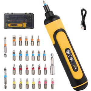 Electric Screwdriver Rechargeable, 4V Cordless Screwdriver,With 3 Gear Torque Adjustment and 26 Bits, Extension Rod, USB Charging Cable in Carrying Case, Suitable for Furniture or Appliance Repair (Yellow)