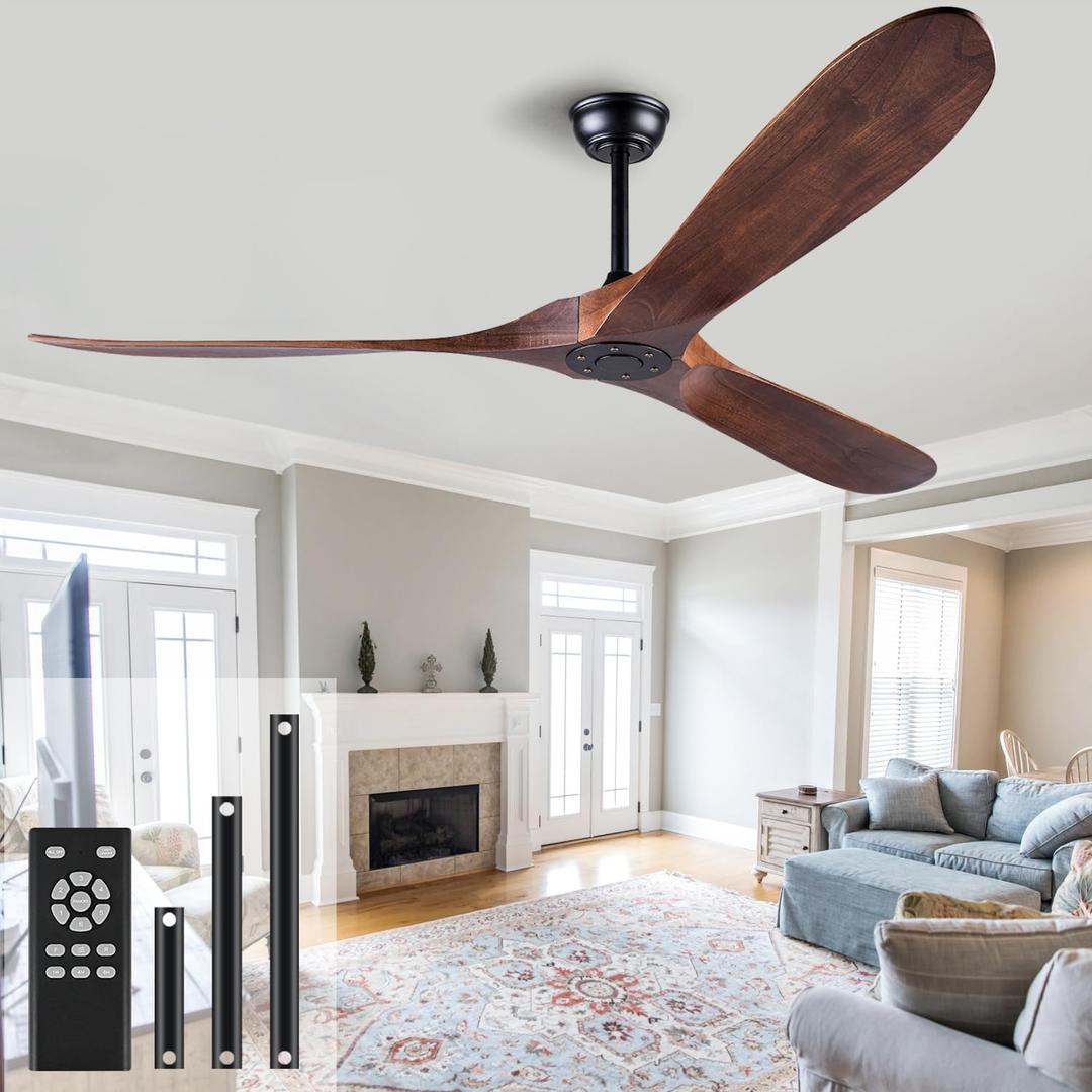 60 Inch Ceiling Fan Without Light Wood Indoor Outdoor Ceiling Fans No Light for Patios Living Room Bedroom Porch Big Ceiling Fan for Flat Sloped Ceiling(Walnut)