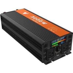 Power Inverter 3000 Watt, Car/Outdoor 12V DC to 110V AC Converter, with LED Display, Dual AC Outlets, USB Port, Dual Smart Fans, Cables Included, Suitable for RV, Outdoor, Camping, Boat, Emergency