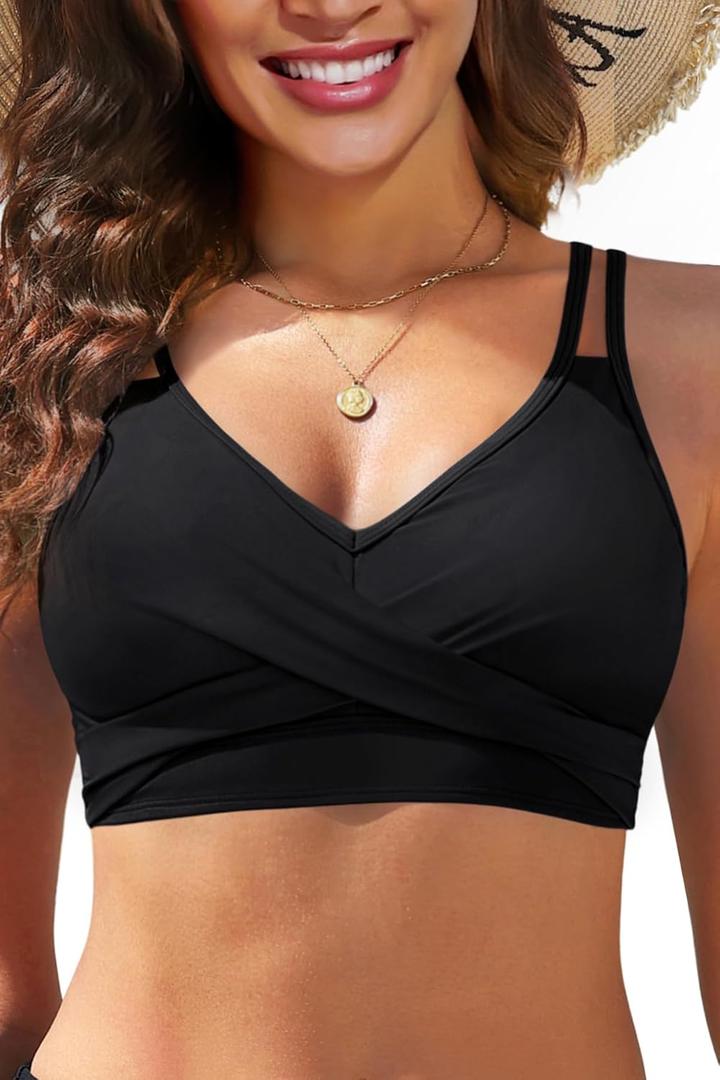 Women Underwire Bikini Top Only - Push Up Bathing Suit Top Twist Front Swimsuit (Small, Black)