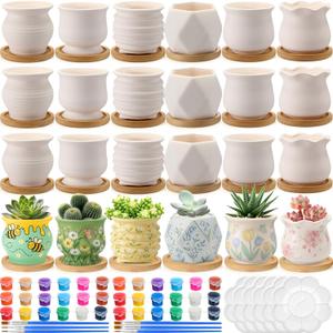 Leitee 30pcs Flower Pots 3 Inch Paint Your Own Ceramic Pot Craft Kit Ready-to-Paint Small Succulent Pots Bulk with Drainage Hole Paint Set Mini Paintable Plant Vase for Spring Birthday DIY Gift