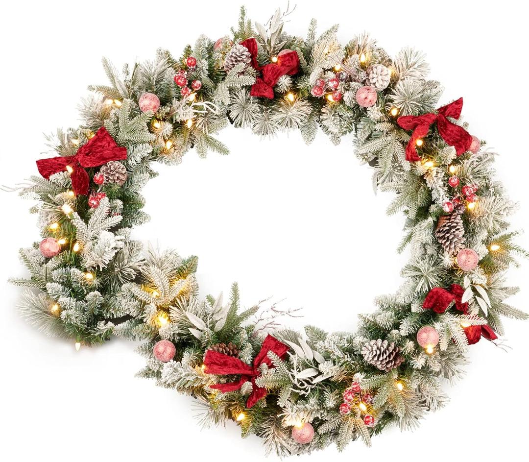 9FT Pre-lit Flocked Snow Christmas Garland, Berries and Bows and 50 Lights, Plug in, Holiday Decoration Fireplace Stairs Mantle Door Indoor Outdoor